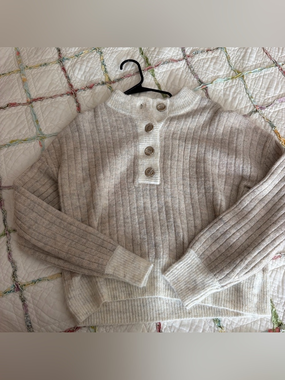 Sincerely Jules Ribbed Button-Neck Sweater - Cream/Taupe